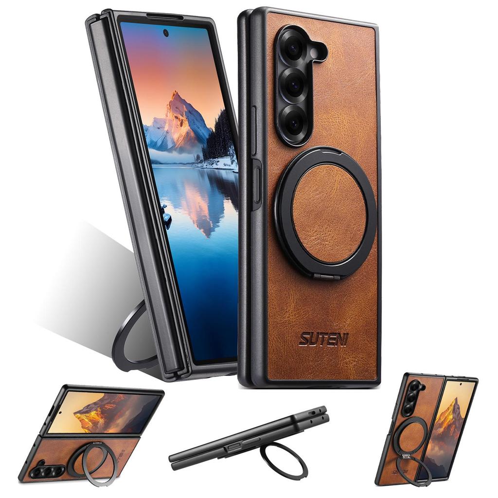 Samsung Z Fold7/6/5 Magnetic Wireless Charging Case with 360° Rotating Ring Stand and Leather Finish