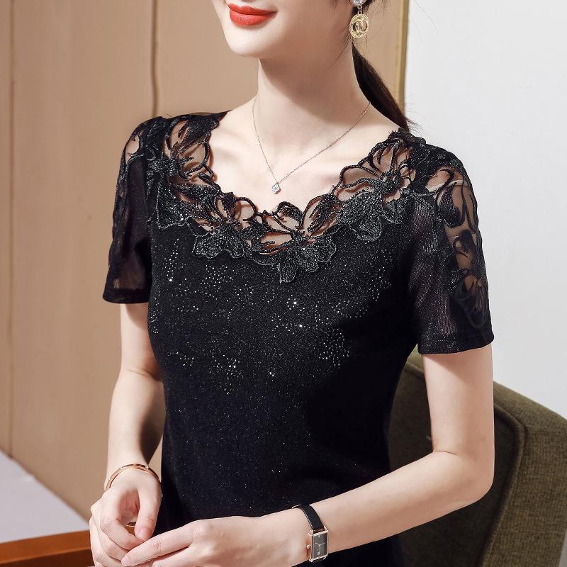 

Жіноча літня мереживна блузка з алмазною вишивкою 5XL чорний