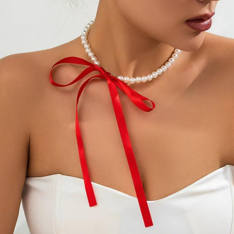 1PC Wedding Party White Imitation Pearl Choker Necklace Fashion Bow Tie Long Ribbon Necklace Personality Simple Jewelry