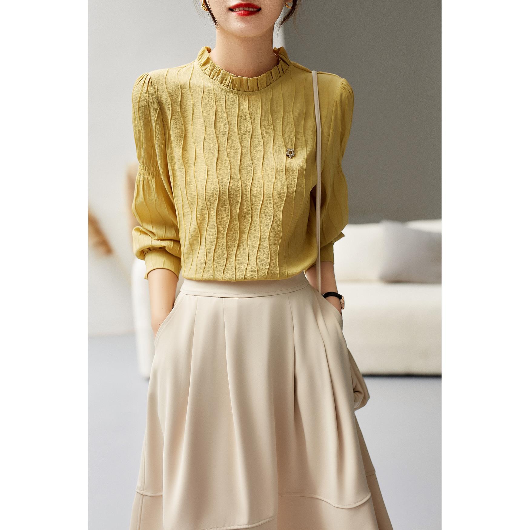 

Spring and Autumn Wavy Pattern Texture Design Sense Wood Ear Small Standing Collar Shirt French Pullover Small Shirt Women 2XL жёлтый