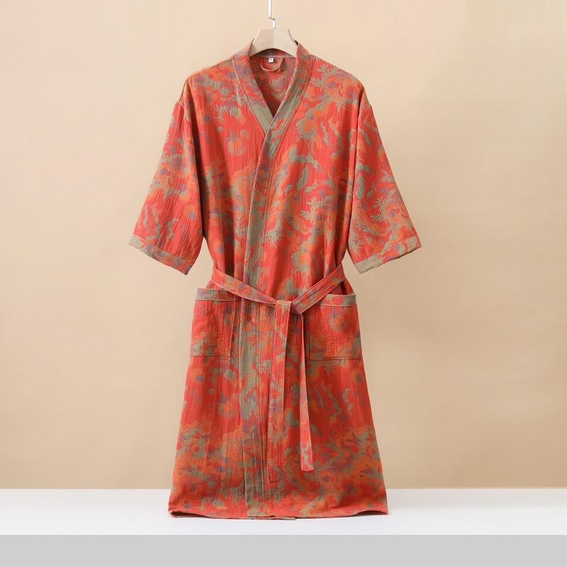 Cotton Fashionable Printed Half Sleeve Kimono Bathrobe for Spring and Summer Thin Home Wear Absorbent Quick Drying Sleeping Robe