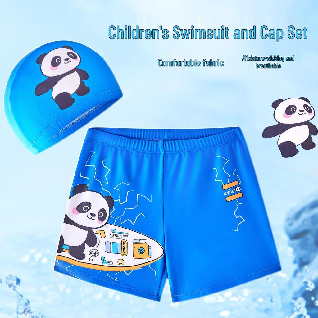 Cartoon Panda Boys' Two-Piece Swimsuit & Cap Set - Beach & Hot Spring Wear