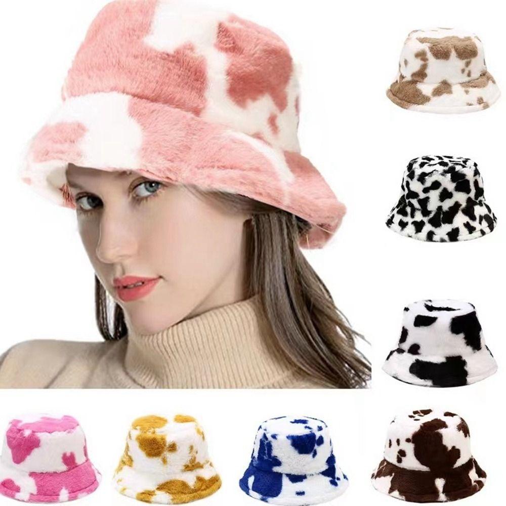 Plush Panama Hats Autumn and Winter Flannel Bucket Hat Korean Style Caps Cow Print Caps Female Hats
