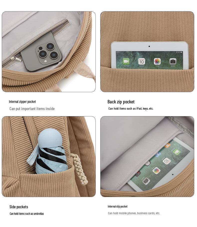 2025 Women's Corduroy Casual Small Backpack - Mori Style, Solid Color