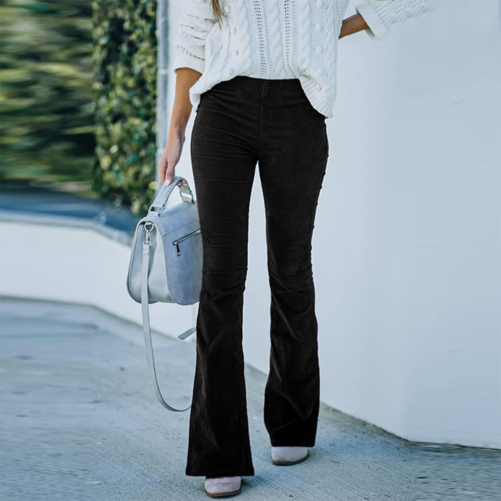 

Женские однотонные облегающие брюки с микро расклешенными брюками, повседневные брюки с эластичной резинкой на талии, вельветовые брюки S чёрный