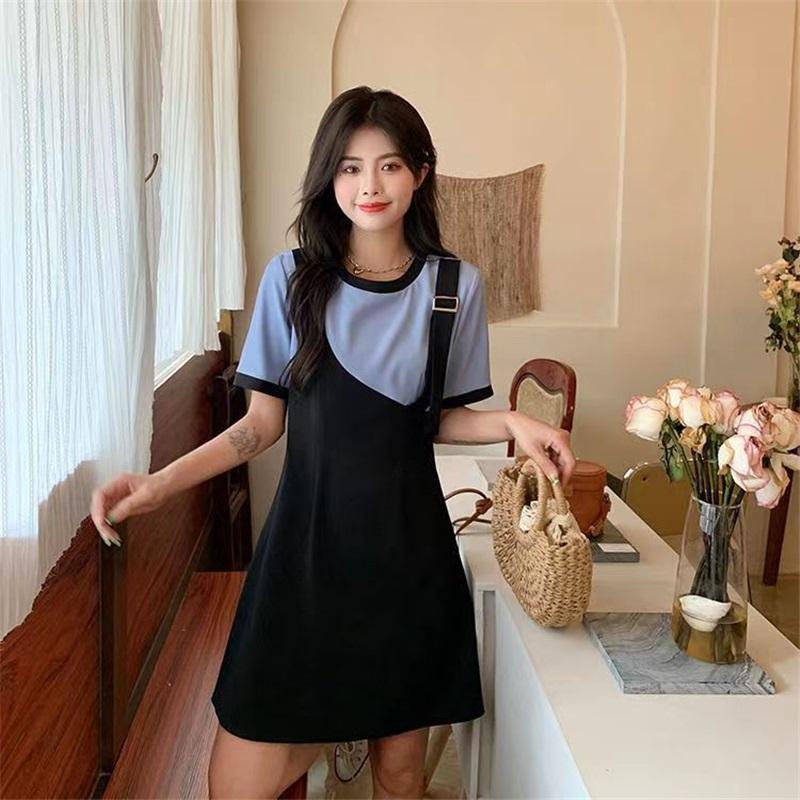 Women's Plus Size Fake Two-Piece Dress Black White Colorblock Casual Summer Short Sleeve A-Line Sundress