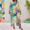 Women Plus Size Multicolor Printed Round Neck Long Sleeve Layered Top Wide Leg Cropped Pants Two Piece Set