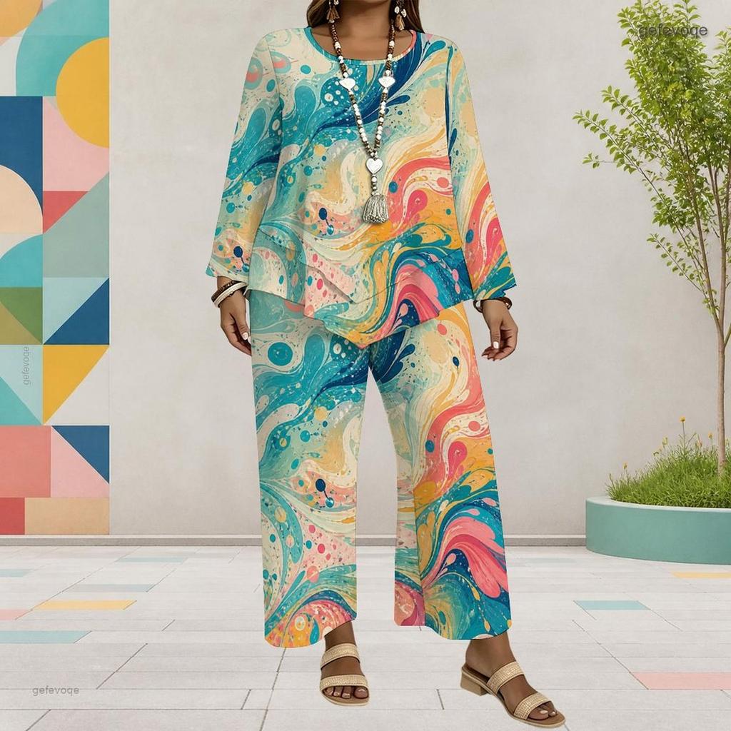 Women Plus Size Multicolor Printed Round Neck Long Sleeve Layered Top Wide Leg Cropped Pants Two Piece Set