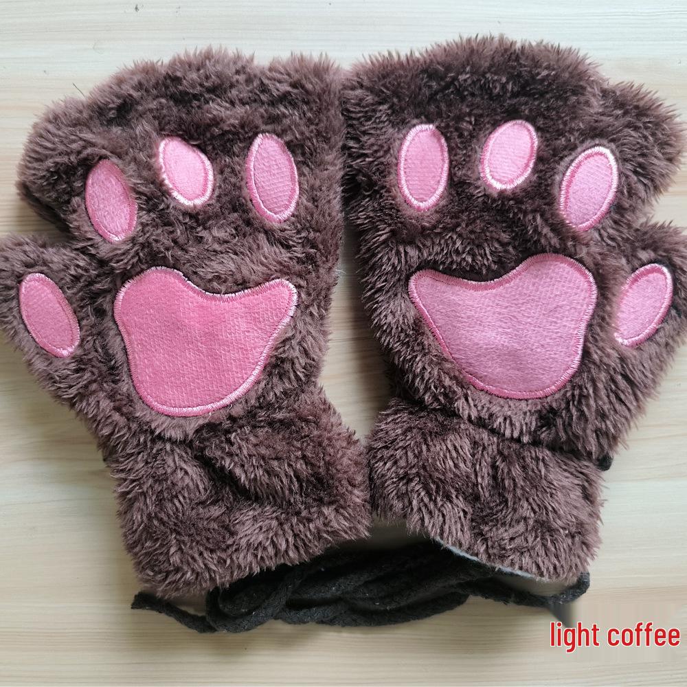 Women's Cute Cartoon Bear Paw Fingerless Plush Gloves with Hanging Neck