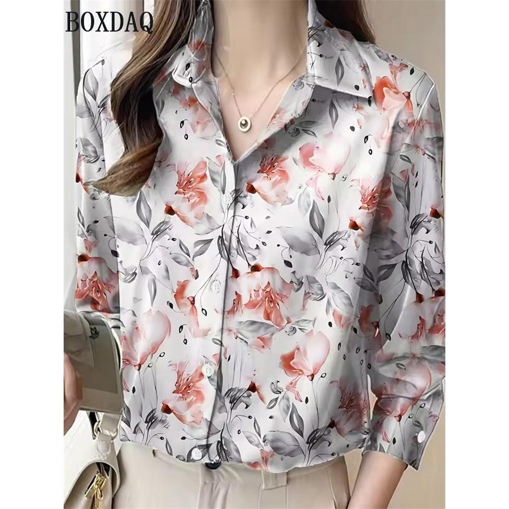 Bahar Sonbahar Kadın Uzun Kollu Gömlek Moda Zarif Kelebek Baskılı Desenli Üstler Günlük Düğmeli Bol Kadın Bluz