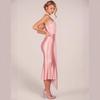 Women's Halter Sleeveless Midi Dress Slim Fit Mid Rise Elegant Satin Bodycon Dress Solid Flowing Sash Party Gown