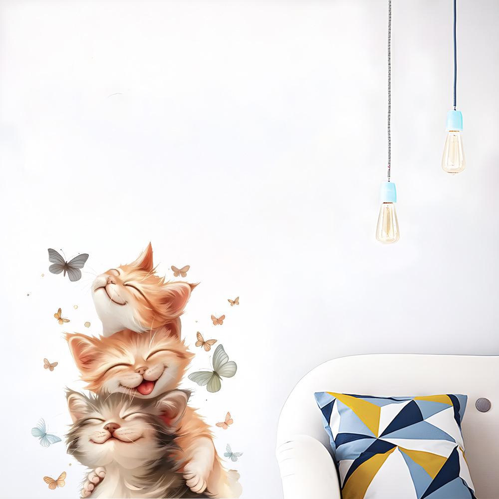 Self-adhesive Cartoon Cute Stacked Cats with Butterfly Wall Window Stickers for Kids Room Living Room Glass Decor