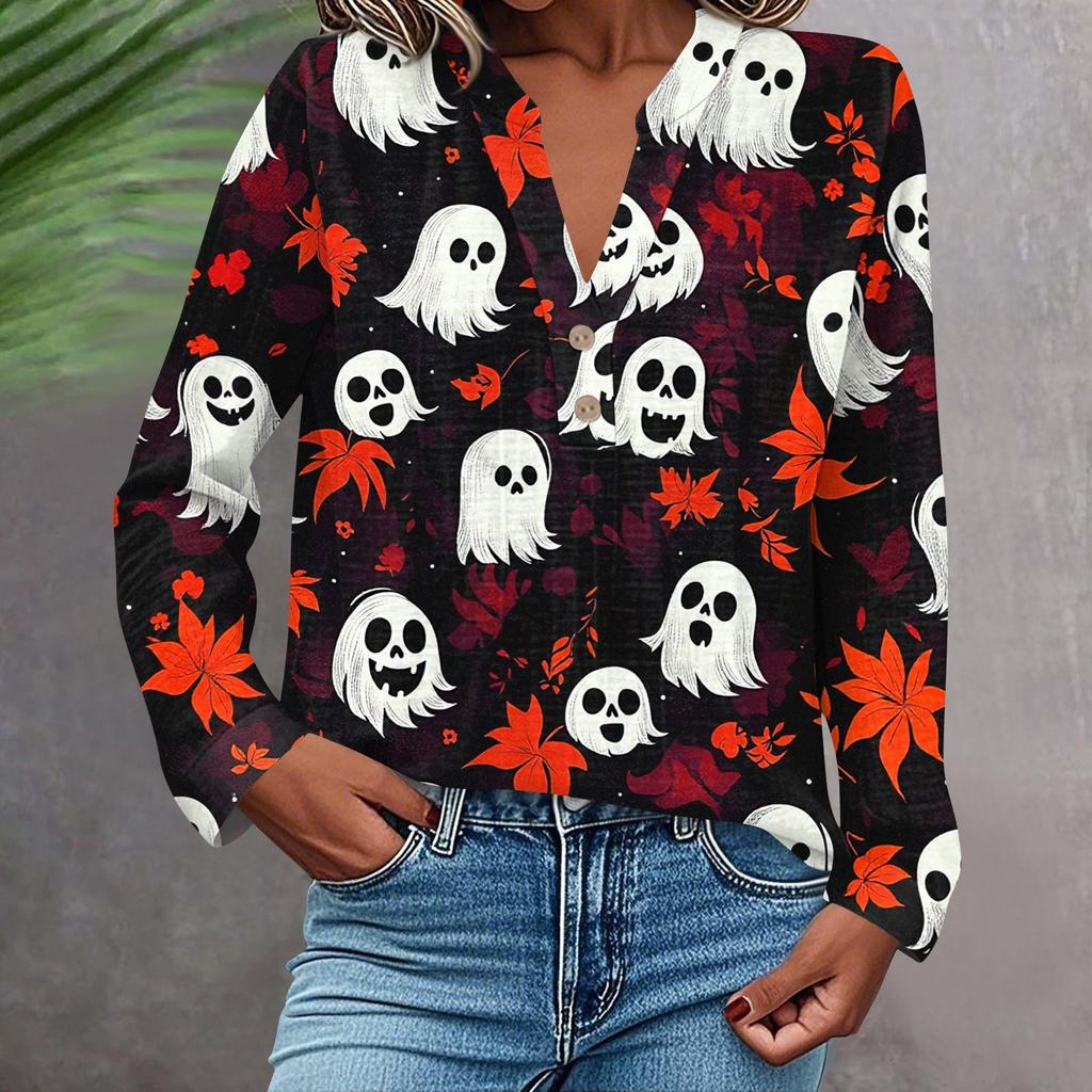 Women's Fashionable And Casual Shirt Long Sleeve V-neck Button Printed Blouse Top