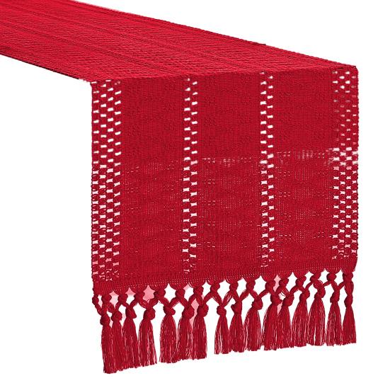 Boho Knitted Table Runner Handmade Rustic Table Runner with Tassels Cotton Linen Farmhouse Table Runner for Dining Table Sideboard Dresser Decor