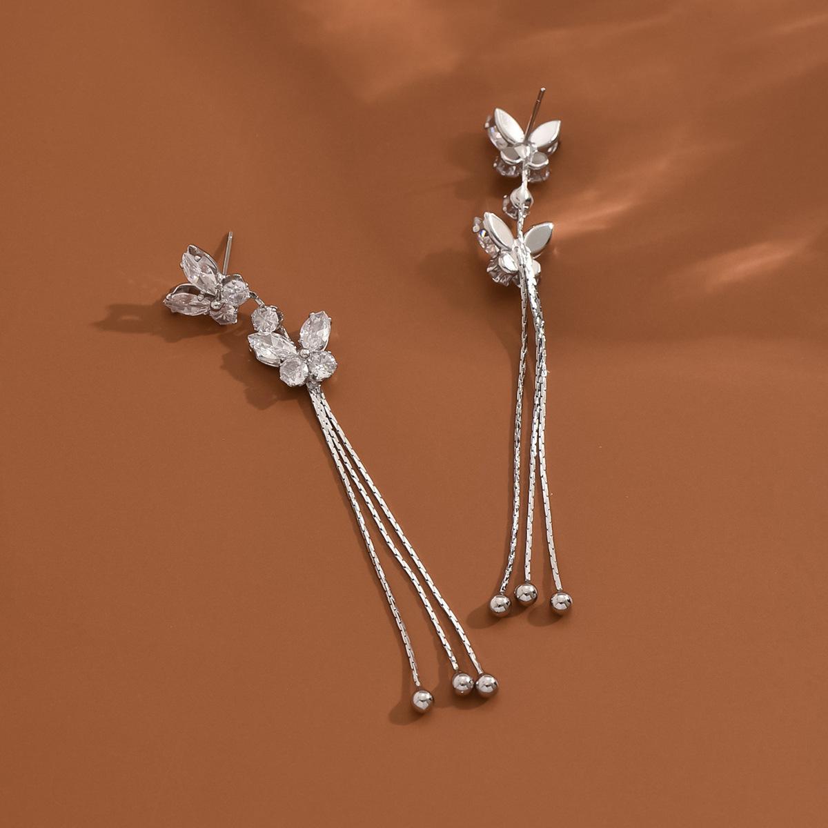 14K Real Gold Electroplating, French Light Luxury Zircon Butterfly Fringed Earrings, High-End Temperament, Daily Earrings For Women