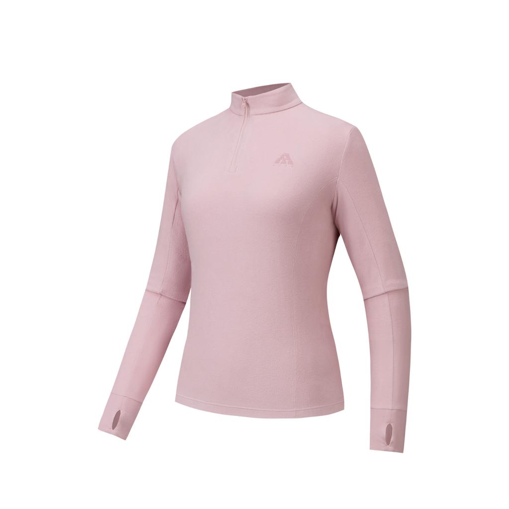 Anta Outdoor Series Comfortable Casual Versatile Slim Fit Base Layer Half Zip Fleece Long Sleeve Women Tops Soft-Pink 962546401-2