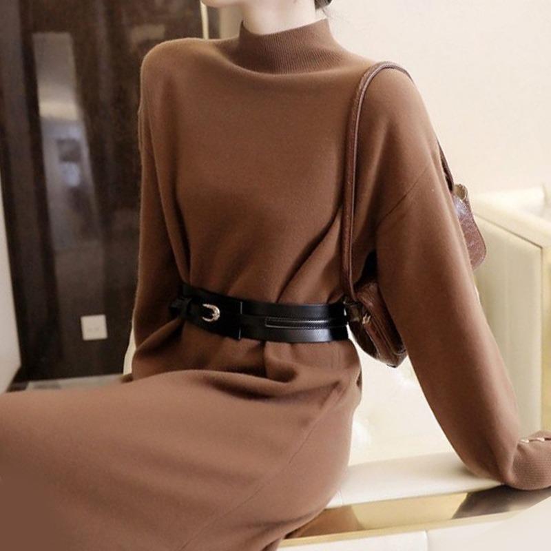 With Coat Split Bottom Sweater Dress Women's Autumn and Winter Semi-turtleneck Knitted Skirt High-end Long Dress