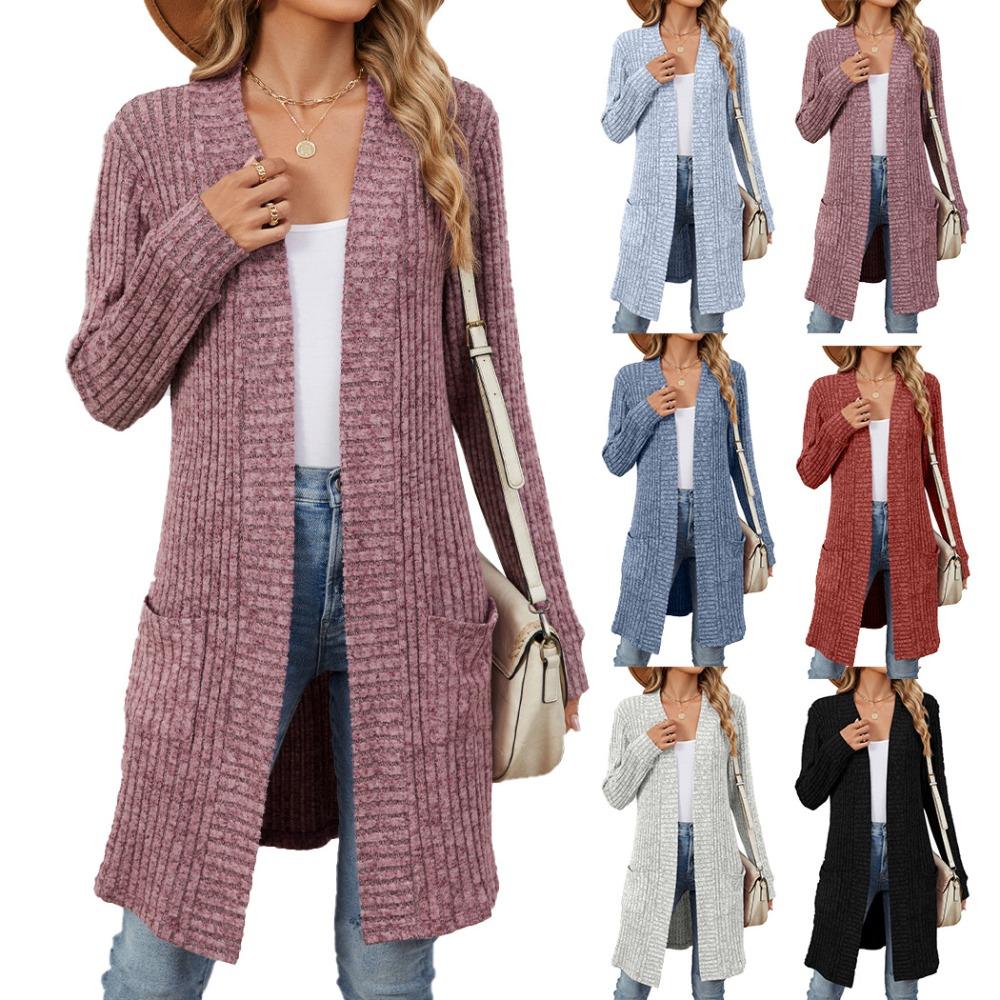 Women's Open Front Long Sleeve Long Knit Cardigan Loose Fit with Side Pockets Casual Fall Outerwear