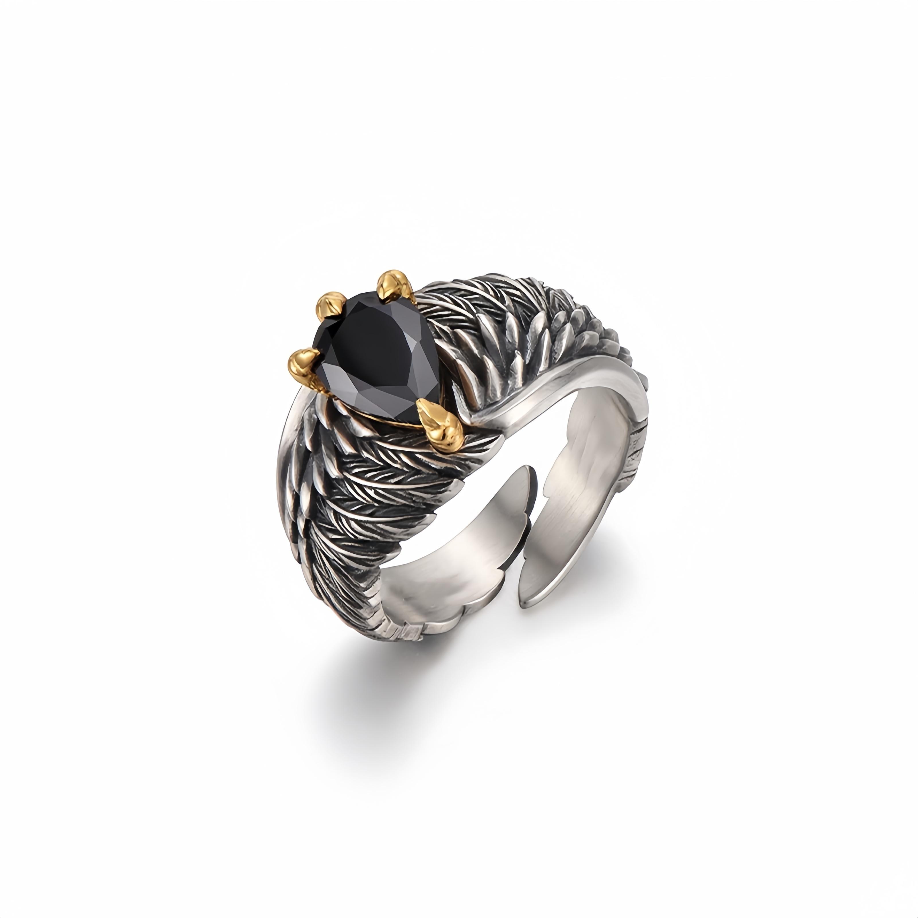 

Retro Eagle Wings Black Zircon Adjustable Open Ring for Men Gothic Punk Edgy Copper Jewelry Bikers Accessories Unisex Love Gift Resizable