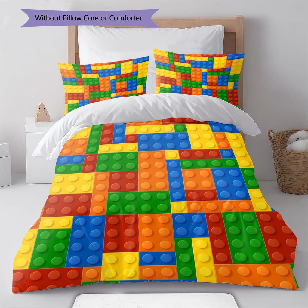 Building Blocks Pattern Bedding Quilt Set Quilt Cover Pillowcase Home Decoration Gift (1 * Duvet Cover + 2 * Pillowcase, Without Core)