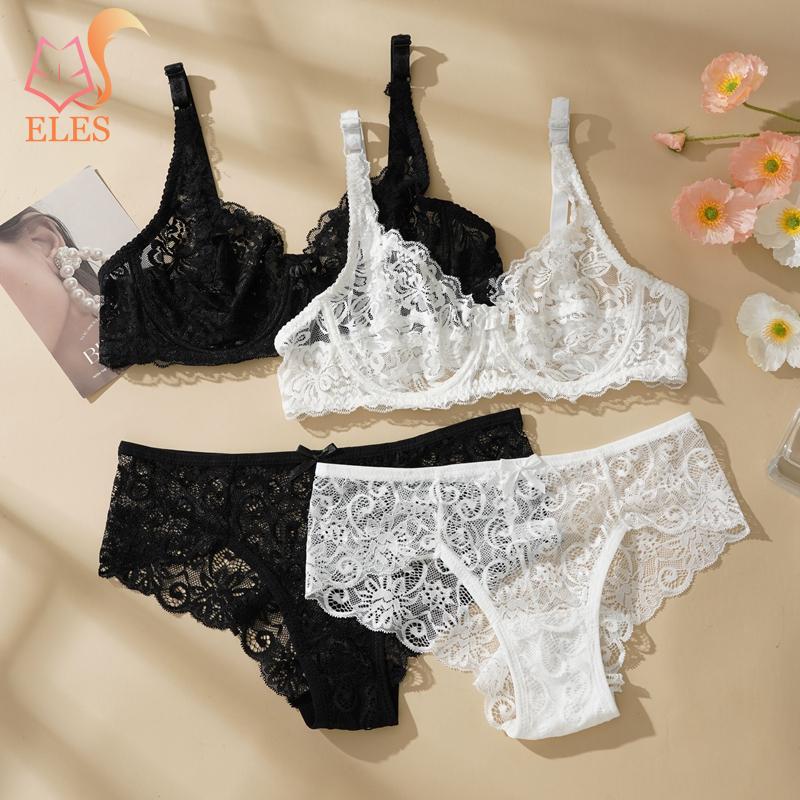 Women Sexy Lace Lingerie Sets 2 Pieces Underwired Bra&Panty Set Sheer See Through Low Waist Underwear