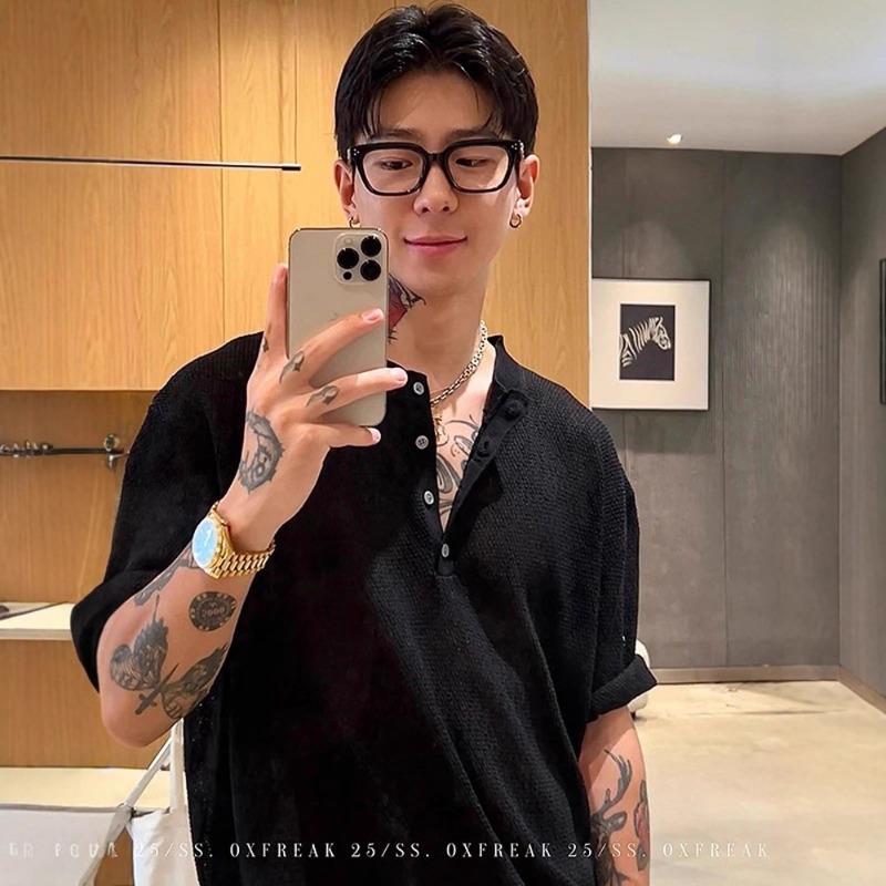 Men Beige Waffle Knit Henley Neck T-Shirt Casual Short Sleeve Breathable Mesh Tee