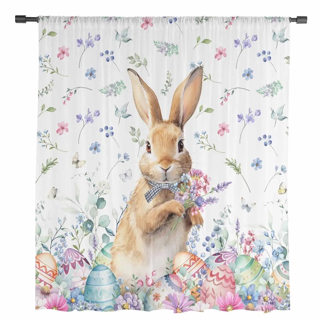 Easter Eggs Bunny Flowers Sheer Curtains For Living Room Kitchen Window Curtains Bedroom Tulle Voile Curtains