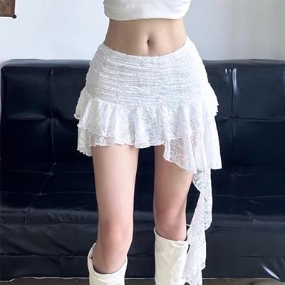 Women's Lace Mini Skirt White Irregular Slim Fit Short Skirts Y2K Vintage Style Fashion Clothing Summer All Match