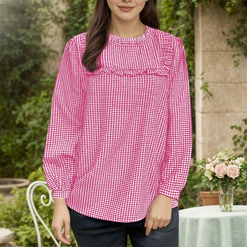 

ZANZEA Женская повседневная блузка с круглым вырезом и длинными рукавами с принтом в клетку L темно-розовый