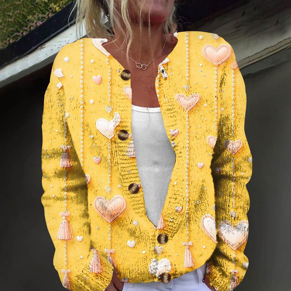 Women's Fashion Printed Long Sleeve Knitted Cardigan Button Down Jacket