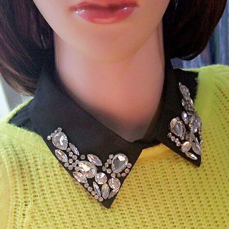 Ladies Women Water Drop Imitation Crystal Chiffon Fake Collars Jewelry Rhinestone Lapel Detachable Button Down Half-Shirt Blouse