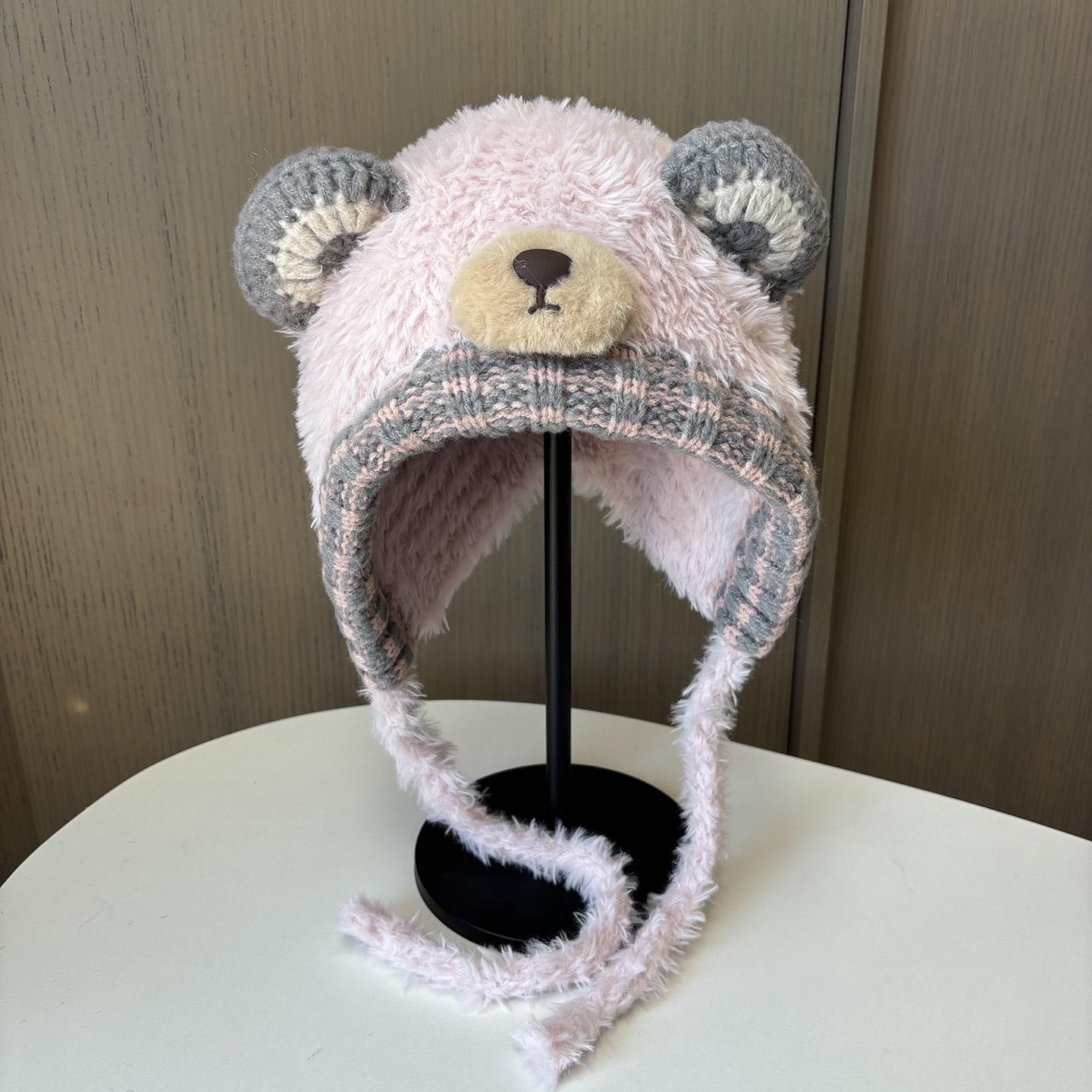 Мягкая Восковая Шапка-Уши для Ушей Уличная Плюшевая Утолщенная Теплая Сумка Шапка на Голову Женская Милая Шапка с Ушками Медведя Вязаная Шапка M（56-58cm）