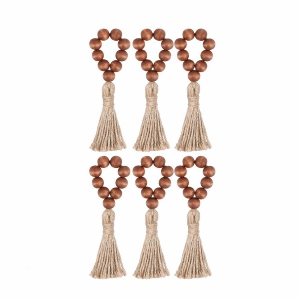 

6 pieces Farmhouse Style Wooden Bead Napkin Rings Adjustable with Tassel Napkin Buckle Handmade Napkin Holder Holiday Banquet