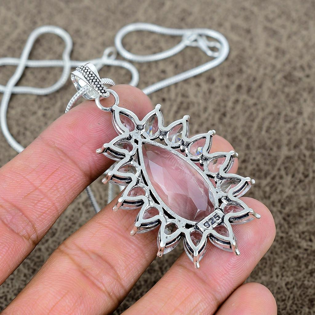 White Topaz Gemstone Handmade 925 Sterling Silver Jewelry Pendant 2.48" KKG-280