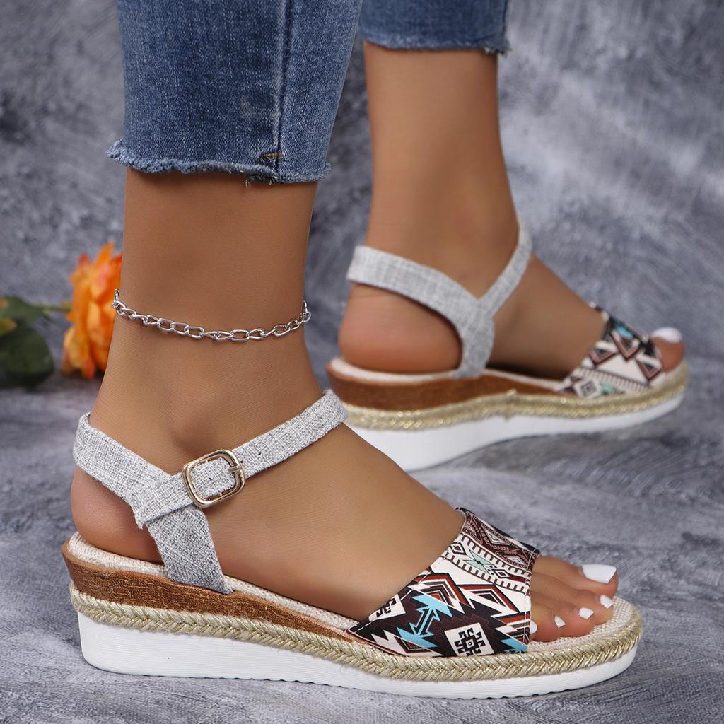 Roman color matching wedge heel large size fashion round head thick bottom open toe women's one-word buckle new wish2025