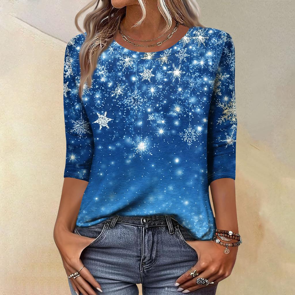 Women's Fashion Casual Christmas Tree Printed Round Neck Three-Quarter Sleeve T-Shirt Top