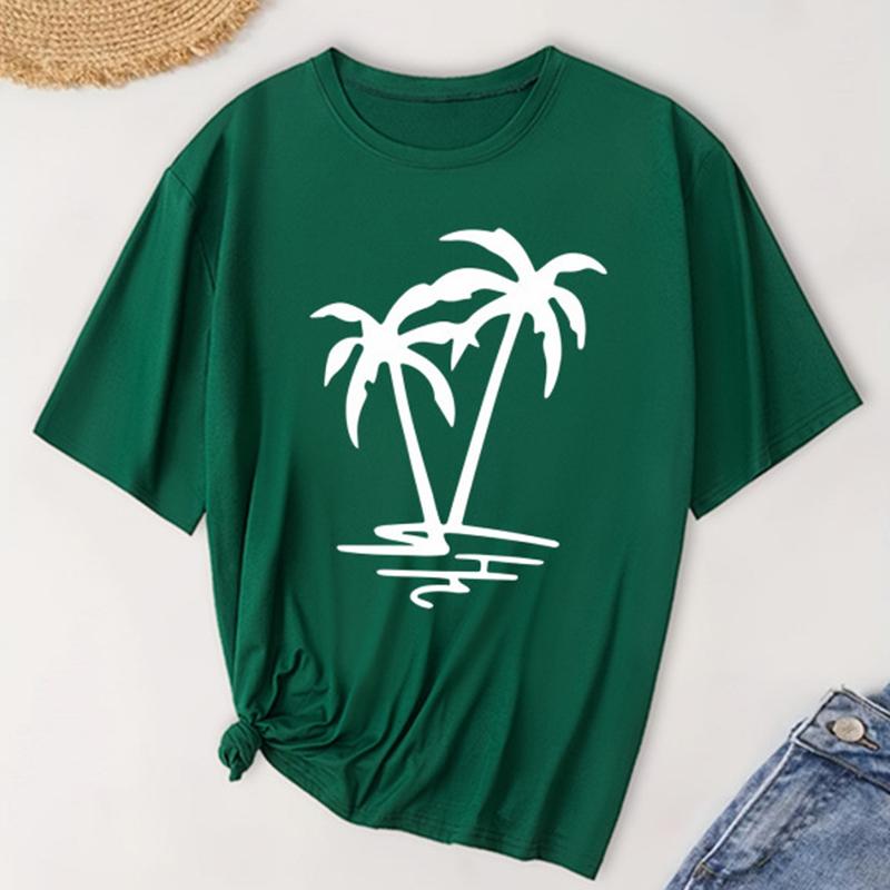 T-shirt Feminina da Moda Manga Curta Verão Estampa de Coqueiro Casual Tops