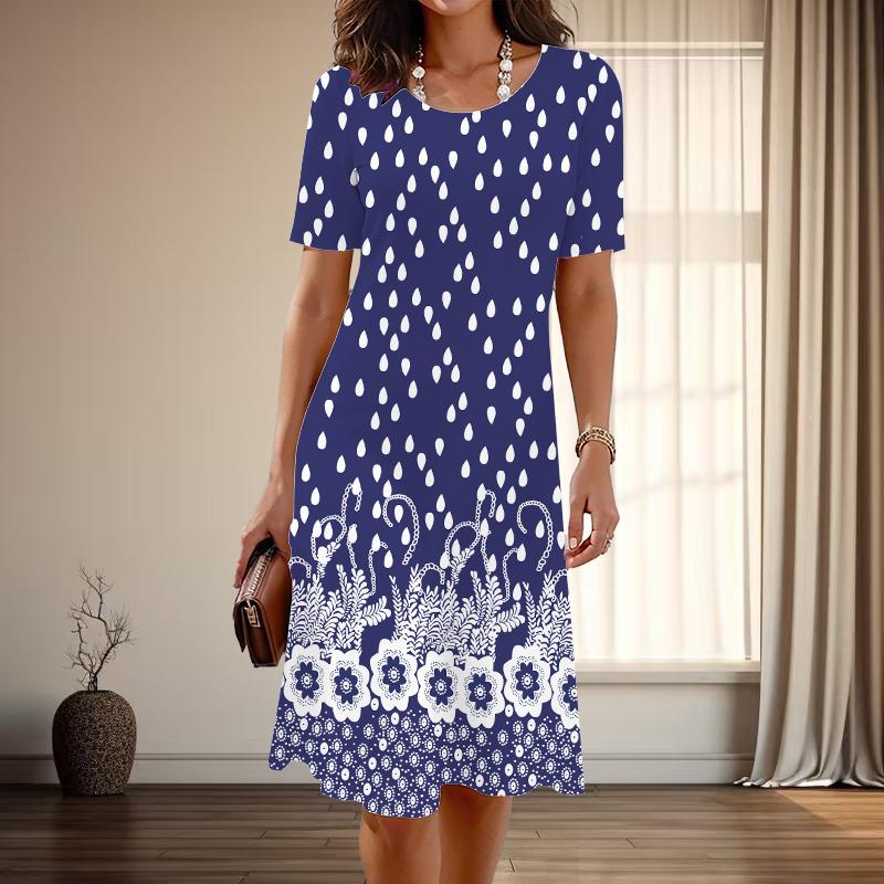 

Женская мода изящный принт в горошек лето весна короткий рукав О-образный вырез повседневные платья XL синий