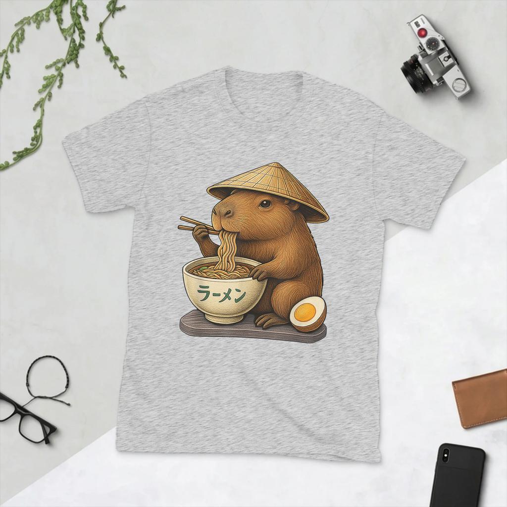 Kawaii Capybara Eating Japanese RaUnisex Unisex T Shirts Unique Tees Short Sleeve O Neck TShirt Pure Cotton Party Clothing