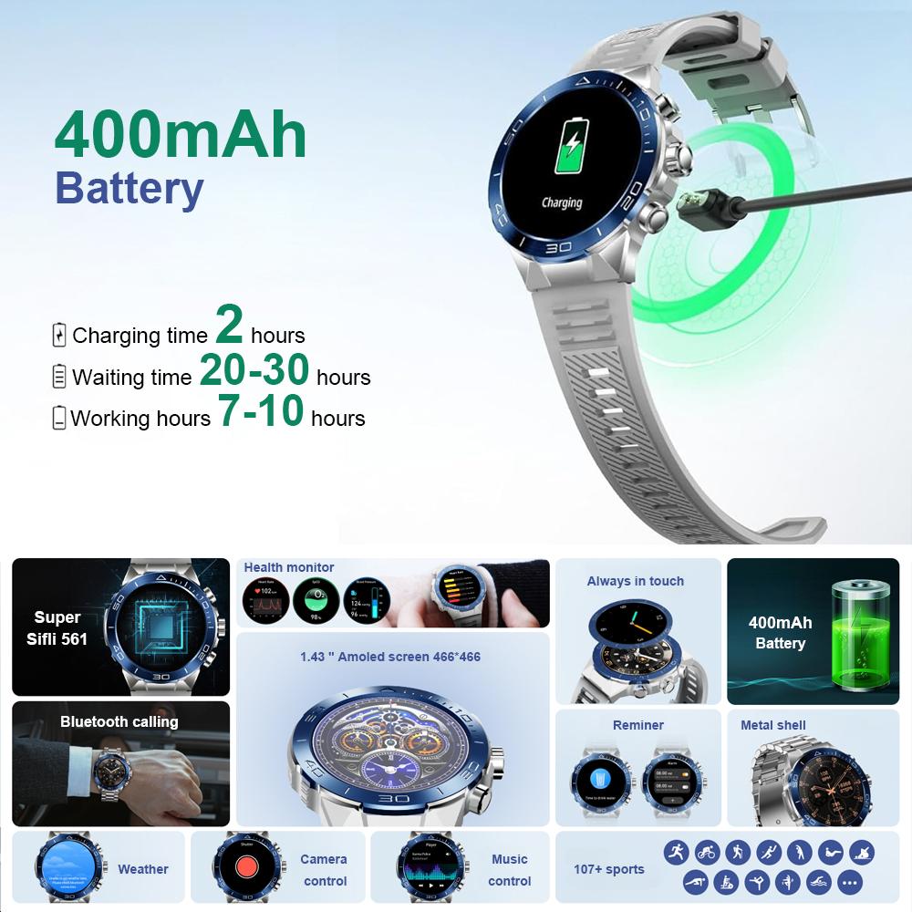 2024 Fashion Smart Watch 1.43 Inch Screen 400 mAh Bluetooth Call Voice Assistant Watch Sports Fitness Waterproof Smartwatch For Men