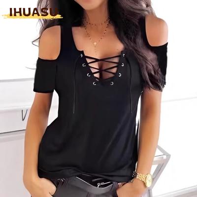 Camicette e camicie a maniche corte con stampa tinta unita casual alla moda da donna