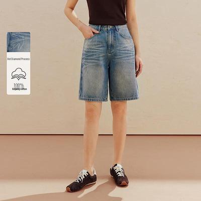 Blugi Capri Drepți cu Strassuri Retro pentru Femei INMAN