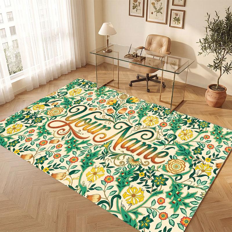 Floral Garden Theme Crystal Velvet Floor Rug Personalized Custom Name Text Warm Carpet Home Decoration