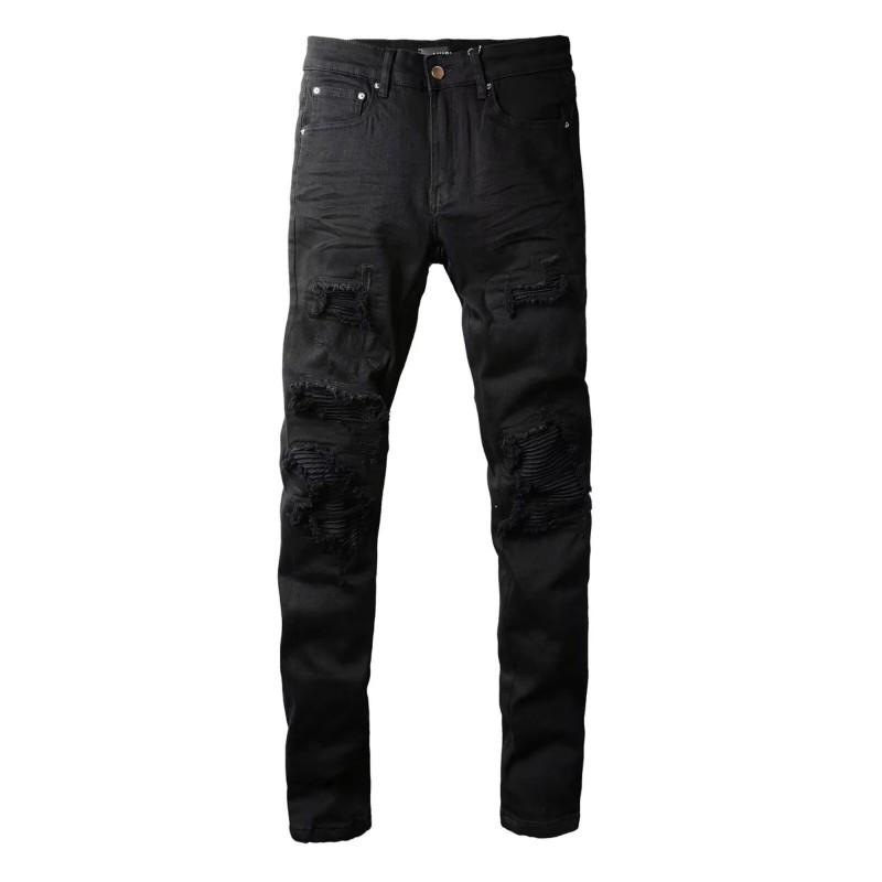 Mens Slim Fit Distressed Denim Jeans With Embroidered Patch Vintage Ink Wash Stretch Cotton Streetwear Style