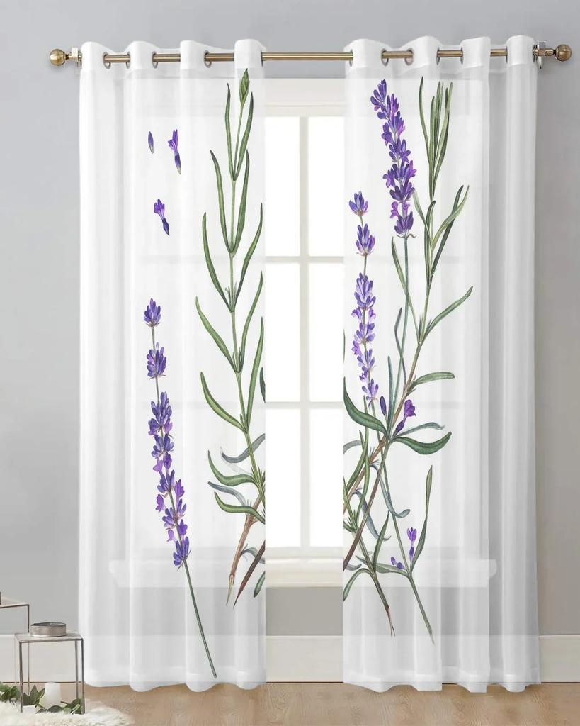 Purple Lavender Green Leaves Plant Field Tulle Sheer Curtains for Living Room Bedroom Decor Window Curtain Voile Organza Drapes