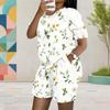 Women Plus Size Yellow White Printed Round Neck Short Sleeve Top Pocket Shorts Two Piece Set