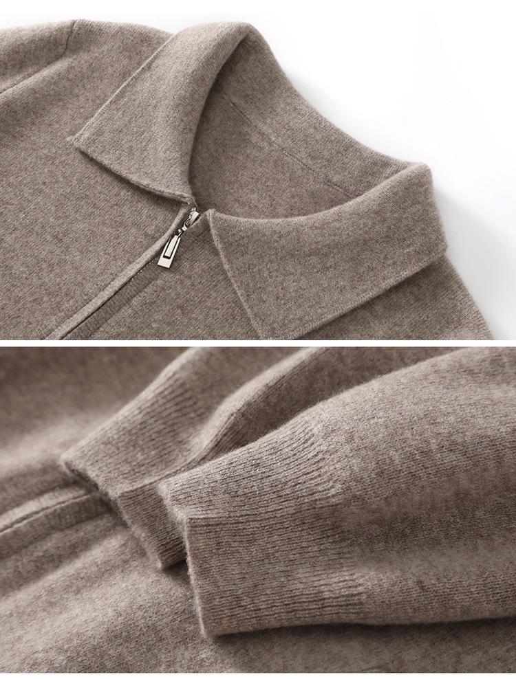 Men's 100% Pure Wool Knit Polo Collar Cardigan – Thickened, Fashionable, Zipper-Front Sweater for Business & Casual Wear.
