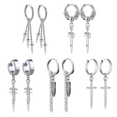 1-5 Pair Sword Chain Irregular Goth Woman's Stainless Steel Piercing Dangle Hanging Earring Set for Man Vintage Pendant Jewelry