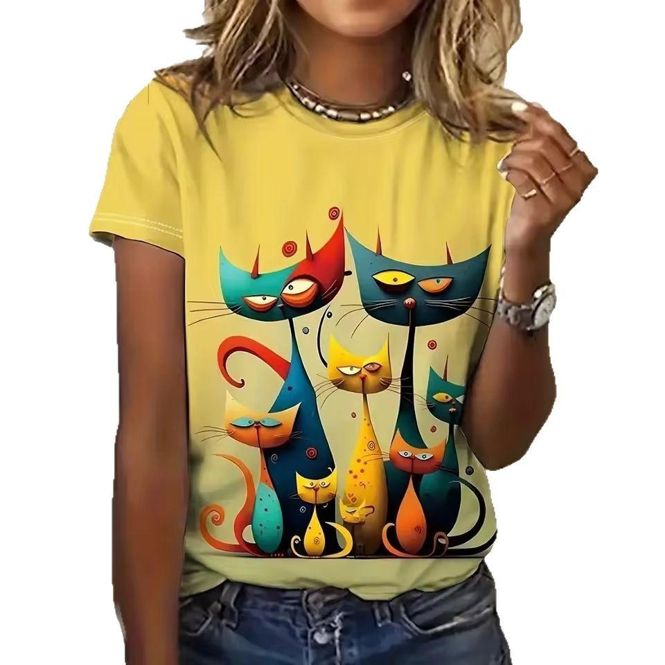 Women's T-shirt 3D Cartoon Animal Print Casual Round Neck Short Sleeved Summer Loose Top Y2k T-shirt