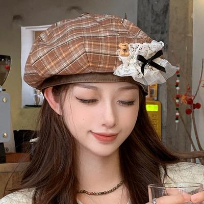 Autumn Retro Plaid Beret Bear Bow Octagonal Hat Showing Face Little Painter Hat Woman